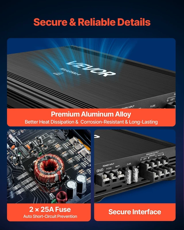 Alt view image 5 of 8 - VEVOR 4 Channel Car Audio Amplifier 2 Ohm Stable Bridgeable Class A/B Full Range Amp Max Power 4 x 250W @ 4 Ohm / 4 x 500W @ 2 Ohm for Car SUV Truck Off-Road