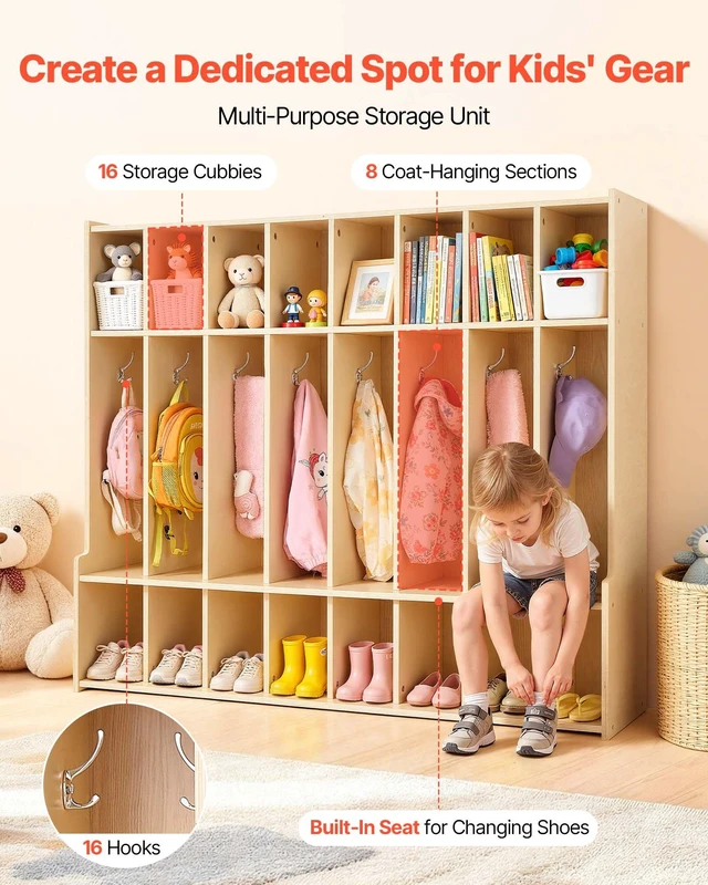 Alt view image 2 of 8 - VEVOR 8-Section Kids Coat Locker, Wooden Toddler Cubby Storage Organizer with 16 Hooks & Anti-Tip Kit, Modern Kid Coat Cubbies with 16 Small Open Storage Boxes for Home, Kindergarten, Daycare, Natural
