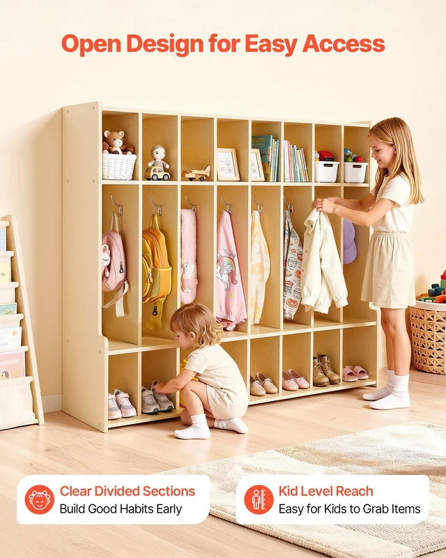 Alt view image 3 of 8 - VEVOR 8-Section Kids Coat Locker, Wooden Toddler Cubby Storage Organizer with 16 Hooks & Anti-Tip Kit, Modern Kid Coat Cubbies with 16 Small Open Storage Boxes for Home, Kindergarten, Daycare, Natural