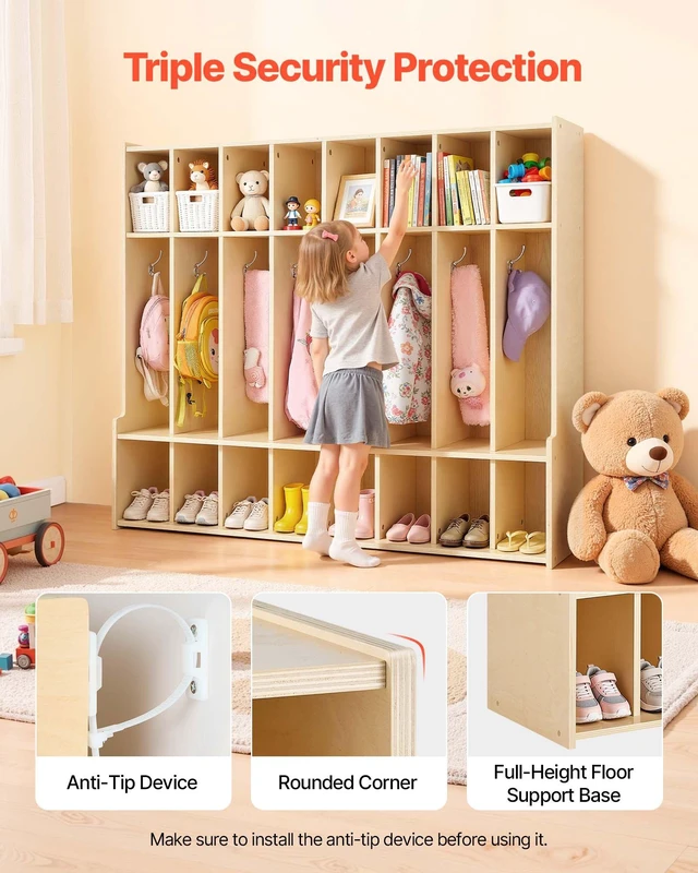 Alt view image 5 of 8 - VEVOR 8-Section Kids Coat Locker, Wooden Toddler Cubby Storage Organizer with 16 Hooks & Anti-Tip Kit, Modern Kid Coat Cubbies with 16 Small Open Storage Boxes for Home, Kindergarten, Daycare, Natural