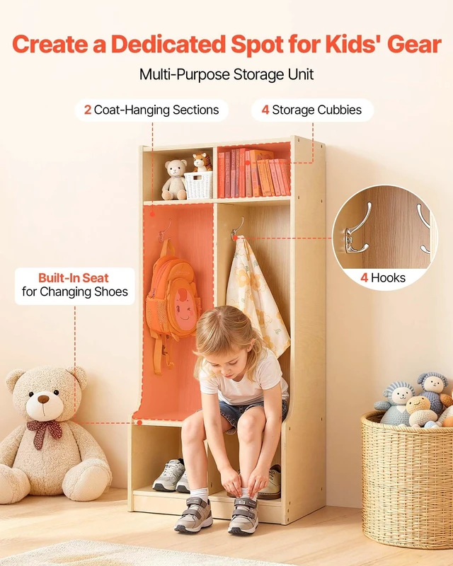 Alt view image 2 of 8 - VEVOR 2-Section Kids Coat Locker, Wooden Toddler Cubby Storage Organizer with 4 Hooks & Anti-Tip Kit, Modern Kid Coat Cubbies with 4 Small Open Storage Boxes for Home, Kindergarten, Daycare, Natural
