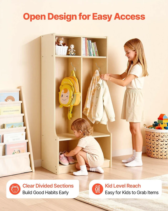 Alt view image 3 of 8 - VEVOR 2-Section Kids Coat Locker, Wooden Toddler Cubby Storage Organizer with 4 Hooks & Anti-Tip Kit, Modern Kid Coat Cubbies with 4 Small Open Storage Boxes for Home, Kindergarten, Daycare, Natural