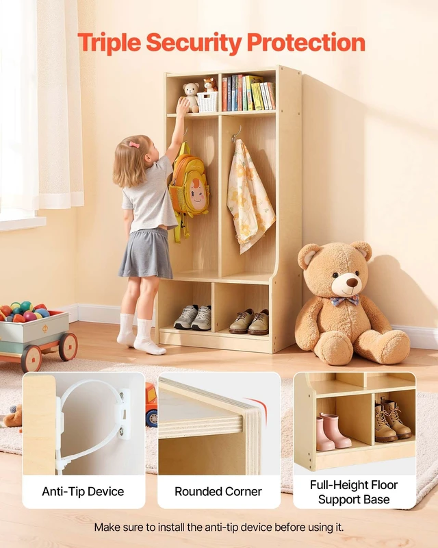 Alt view image 5 of 8 - VEVOR 2-Section Kids Coat Locker, Wooden Toddler Cubby Storage Organizer with 4 Hooks & Anti-Tip Kit, Modern Kid Coat Cubbies with 4 Small Open Storage Boxes for Home, Kindergarten, Daycare, Natural