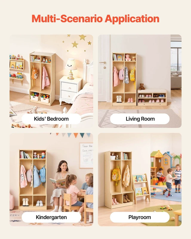 Alt view image 6 of 8 - VEVOR 2-Section Kids Coat Locker, Wooden Toddler Cubby Storage Organizer with 4 Hooks & Anti-Tip Kit, Modern Kid Coat Cubbies with 4 Small Open Storage Boxes for Home, Kindergarten, Daycare, Natural