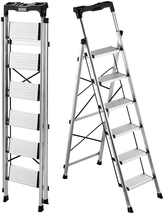 Main image of VEVOR 6 Step Ladder, Folding Step Stool with Wide Anti-Slip Pedal and Comfort Handgrip, 330 lbs Capacity Portable Aluminum Stepladder, Multi-Use for Kitchen, Warehouse, Household and Office, Silver