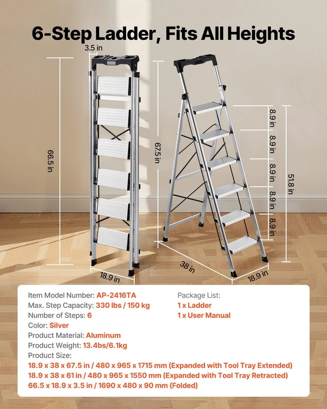 Alt view image 2 of 8 - VEVOR 6 Step Ladder, Folding Step Stool with Wide Anti-Slip Pedal and Comfort Handgrip, 330 lbs Capacity Portable Aluminum Stepladder, Multi-Use for Kitchen, Warehouse, Household and Office, Silver