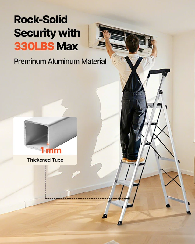 Alt view image 4 of 8 - VEVOR 6 Step Ladder, Folding Step Stool with Wide Anti-Slip Pedal and Comfort Handgrip, 330 lbs Capacity Portable Aluminum Stepladder, Multi-Use for Kitchen, Warehouse, Household and Office, Silver