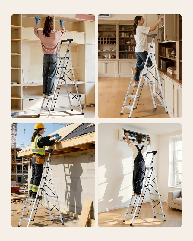 Alt view image 7 of 8 - VEVOR 6 Step Ladder, Folding Step Stool with Wide Anti-Slip Pedal and Comfort Handgrip, 330 lbs Capacity Portable Aluminum Stepladder, Multi-Use for Kitchen, Warehouse, Household and Office, Silver