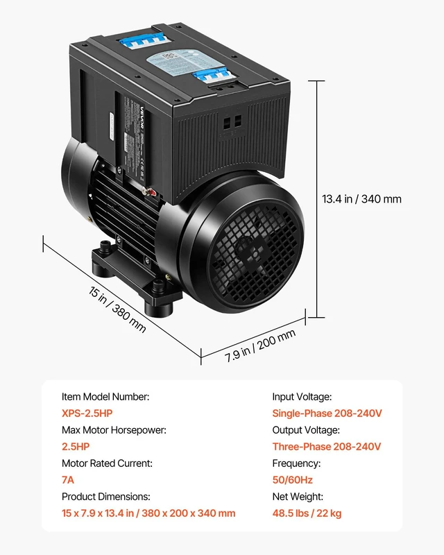 Alt view image 7 of 8 - VEVOR Single Phase to 3-Phase Rotary Converter, 2.5HP 7A 208-240V Input/Output Rotary Phase Converter - Expandable to Higher Horsepower for Heavy-Load Equipment