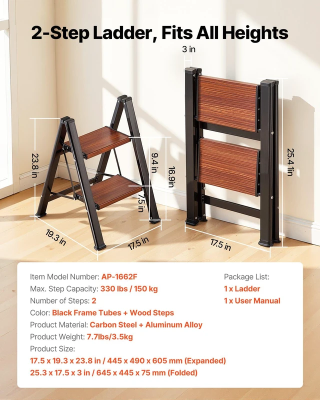 Alt view image 2 of 8 - VEVOR 2 Step Ladder, Folding Step Stool with Wide Anti-Slip Pedal and Comfort Handgrip, Lightweight 330 lbs Capacity Portable Aluminum Plant Support, Multi-Use for Adults, Home Repairing, Cleaning