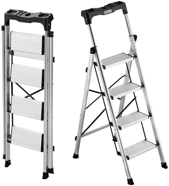 Main image of VEVOR 4 Step Ladder, Folding Step Stool with Wide Anti-Slip Pedal and Comfort Handgrip, 330 lbs Capacity Portable Aluminum Stepladder, Multi-Use for Kitchen, Home, Warehouse and Office, Silver