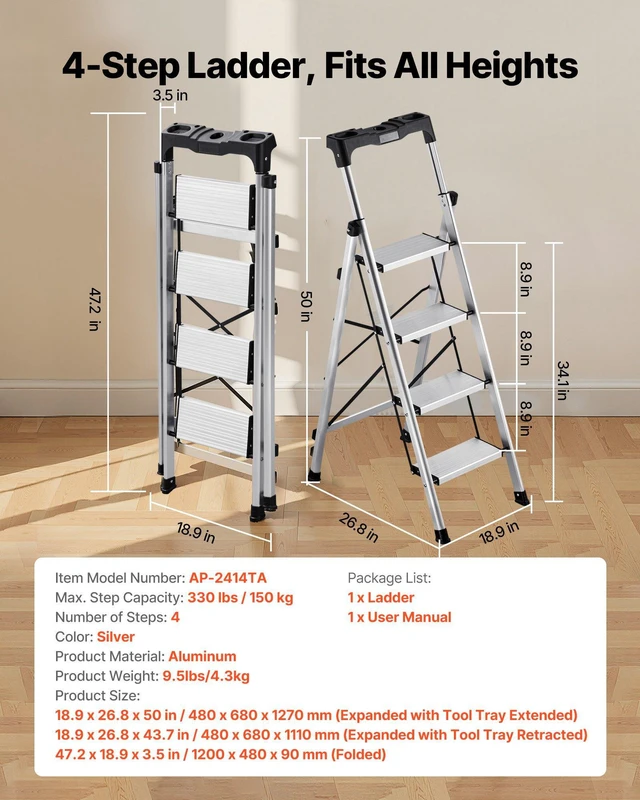 Alt view image 2 of 8 - VEVOR 4 Step Ladder, Folding Step Stool with Wide Anti-Slip Pedal and Comfort Handgrip, 330 lbs Capacity Portable Aluminum Stepladder, Multi-Use for Kitchen, Home, Warehouse and Office, Silver