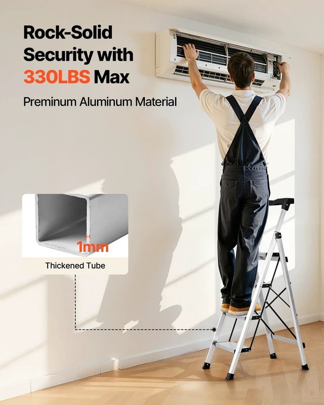 Alt view image 4 of 8 - VEVOR 4 Step Ladder, Folding Step Stool with Wide Anti-Slip Pedal and Comfort Handgrip, 330 lbs Capacity Portable Aluminum Stepladder, Multi-Use for Kitchen, Home, Warehouse and Office, Silver