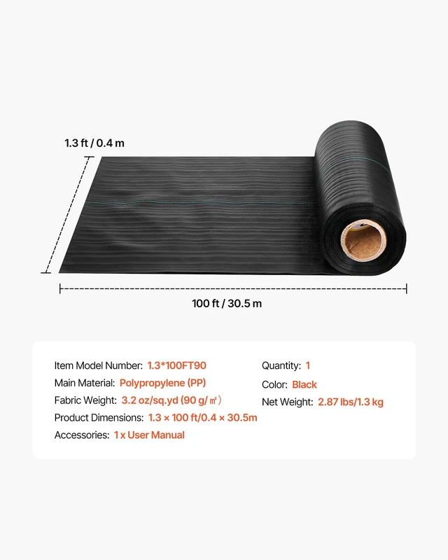 Alt view image 7 of 8 - VEVOR Weed Barrier Fabric Heavy Duty, 1.3x100FT 3.2oz Landscape Fabric, Woven Weed Blocker Fabrics, Garden Fabrics Weeds Barrier, Weeds Control Ground Cover, Geotextile Webbing, Gardening Mat, Black