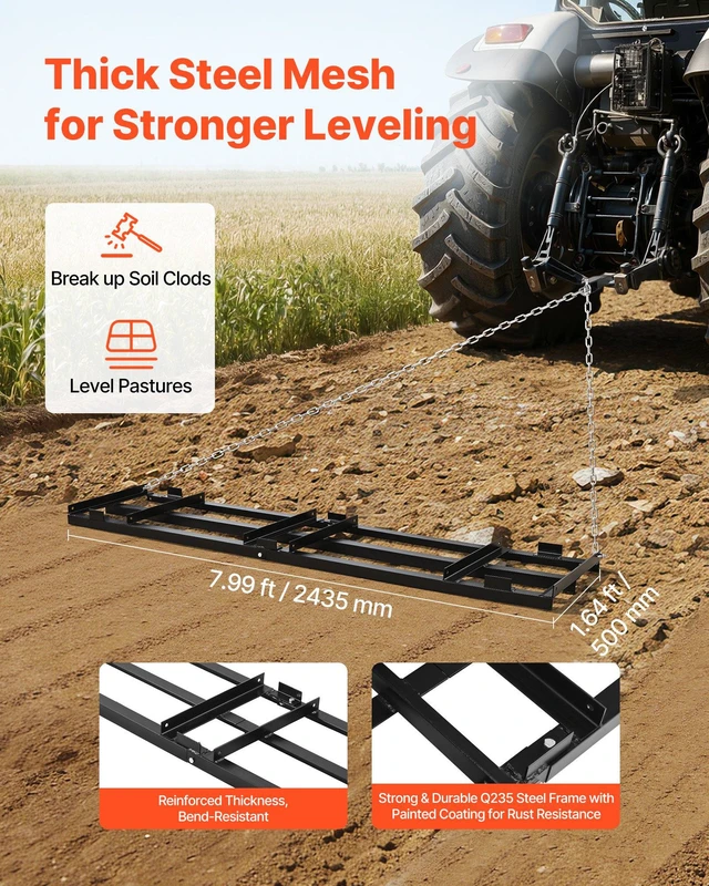 Alt view image 2 of 8 - VEVOR Drag Harrow, 96 x 20 in, Tow-Behind Driveway Grader with Adjustable Width & 50lbs Load Capacity, Heavy Duty Lawn Leveling Rake, Galvanized Steel Gravel Driveway Drag, Fits ATVs UTVs Tractors