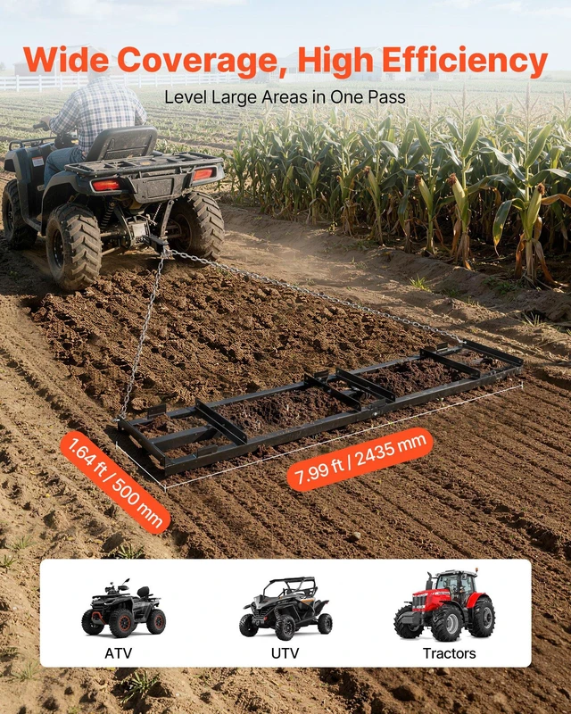 Alt view image 4 of 8 - VEVOR Drag Harrow, 96 x 20 in, Tow-Behind Driveway Grader with Adjustable Width & 50lbs Load Capacity, Heavy Duty Lawn Leveling Rake, Galvanized Steel Gravel Driveway Drag, Fits ATVs UTVs Tractors