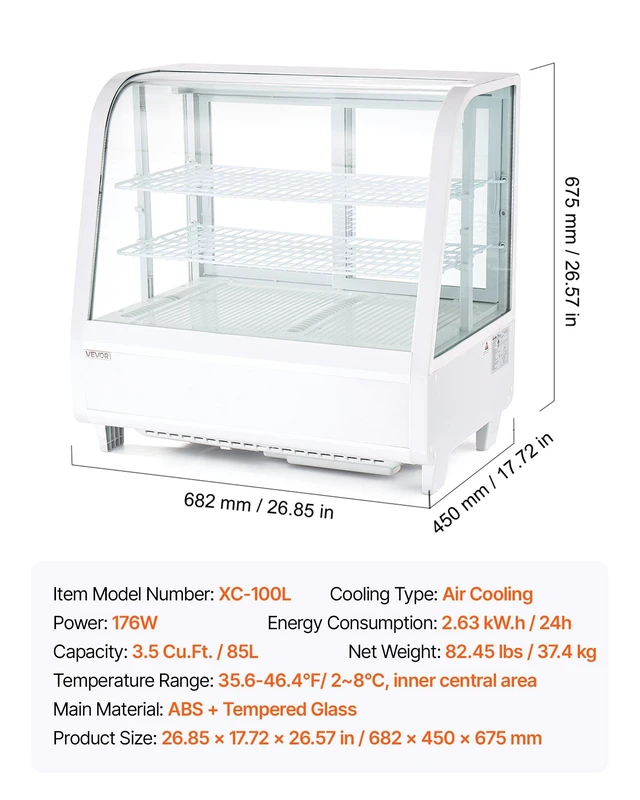 Alt view image 7 of 8 - VEVOR Refrigerated Display Case, 3.5 Cu.Ft./100L Countertop Pastry Display Case, 2-Tier Commercial Cake Refrigerator with LED Lighting, TURBO Cooling, Frost-Free Air-Cooling, for Bakery, Dessert Shop
