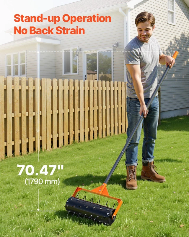 Alt view image 4 of 8 - VEVOR Rolling Lawn Aerator, 15 in Manual Push Aerator Roller with 42 Spikes & 60 in Long Handle, Fillable Drum for Added Weight, Heavy-Duty Lawn Soil Penetrator for Garden Yard Compacted Soils