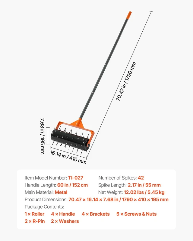 Alt view image 7 of 8 - VEVOR Rolling Lawn Aerator, 15 in Manual Push Aerator Roller with 42 Spikes & 60 in Long Handle, Fillable Drum for Added Weight, Heavy-Duty Lawn Soil Penetrator for Garden Yard Compacted Soils