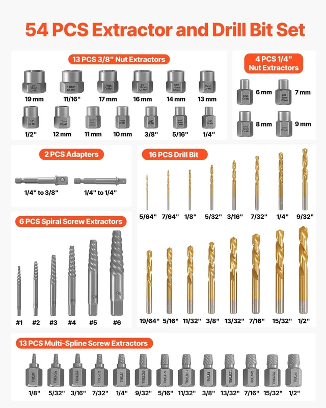 Alt view image 2 of 8 - VEVOR Screw Extractor Set with Drill Bits, 54 Pieces, Easy Out Nut Bolt Extractors and Drill Bits, with Adapters, Solid Storage Case, Cr-Mo Steel for Removing Rounded, Broken, or Stripped Fasteners