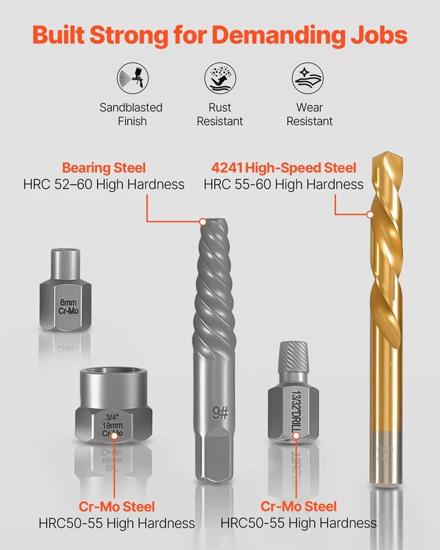 Alt view image 3 of 8 - VEVOR Screw Extractor Set with Drill Bits, 54 Pieces, Easy Out Nut Bolt Extractors and Drill Bits, with Adapters, Solid Storage Case, Cr-Mo Steel for Removing Rounded, Broken, or Stripped Fasteners