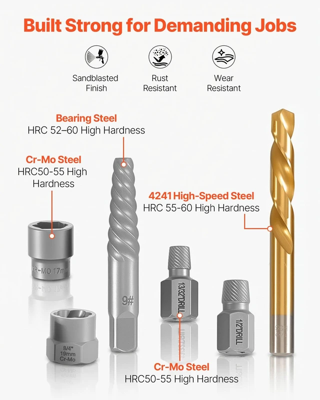 Alt view image 3 of 8 - VEVOR Screw Extractor Set with Drill Bits, 65 Pieces, Easy Out Nut Bolt Extractors and Drill Bits, with Adapters, Solid Storage Case, Cr-Mo Steel for Removing Rounded, Broken, or Stripped Fasteners