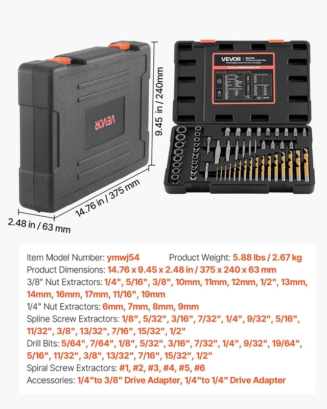 Alt view image 7 of 8 - VEVOR Screw Extractor Set with Drill Bits, 54 Pieces, Easy Out Nut Bolt Extractors and Drill Bits, with Adapters, Solid Storage Case, Cr-Mo Steel for Removing Rounded, Broken, or Stripped Fasteners