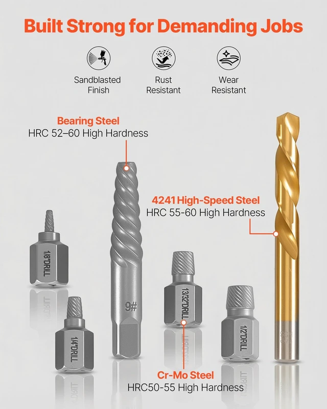 Alt view image 3 of 8 - VEVOR Screw Extractor Set with Drill Bits, 41 Pieces, Easy Out Bolt Extractors and Drill Bits, with Adapters, Solid Storage Case, Cr-Mo Steel for Removing Rounded, Broken, or Stripped Bolts, Screws