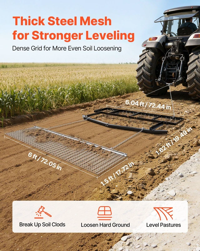 Alt view image 2 of 8 - VEVOR Drag Harrow, 6 ft Tow-Behind Driveway Grader with Chain Harrow, Adjustable Width & 80lbs Load Capacity, Heavy Duty Lawn Leveling Rake, Fits ATVs UTVs Tractors, for Gravel Driveway Field