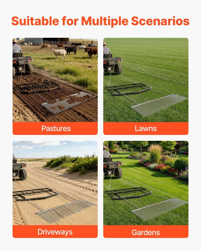 Alt view image 6 of 8 - VEVOR Drag Harrow, 6 ft Tow-Behind Driveway Grader with Chain Harrow, Adjustable Width & 80lbs Load Capacity, Heavy Duty Lawn Leveling Rake, Fits ATVs UTVs Tractors, for Gravel Driveway Field