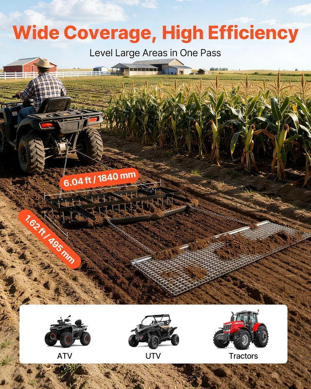 Alt view image 4 of 8 - VEVOR Drag Harrow, 6 ft Tow-Behind Driveway Grader with Chain Harrow, Adjustable Width & 80lbs Load Capacity, Heavy Duty Lawn Leveling Rake, Fits ATVs UTVs Tractors, for Gravel Driveway Field