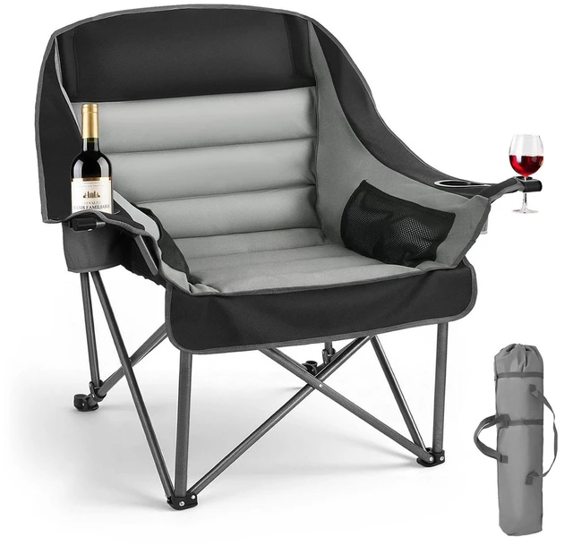 Main image of VEVOR Oversized Camping Chairs, 450 lbs Heavy Duty Support, Portable Padded Folding Camp Chairs with Dual Cup Holders & Wine Glass Holders, Carry Bag for Outdoor, Fishing, Black & Gray, 1 Pack