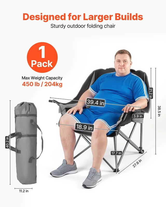 Alt view image 2 of 8 - VEVOR Oversized Camping Chairs, 450 lbs Heavy Duty Support, Portable Padded Folding Camp Chairs with Dual Cup Holders & Wine Glass Holders, Carry Bag for Outdoor, Fishing, Black & Gray, 1 Pack