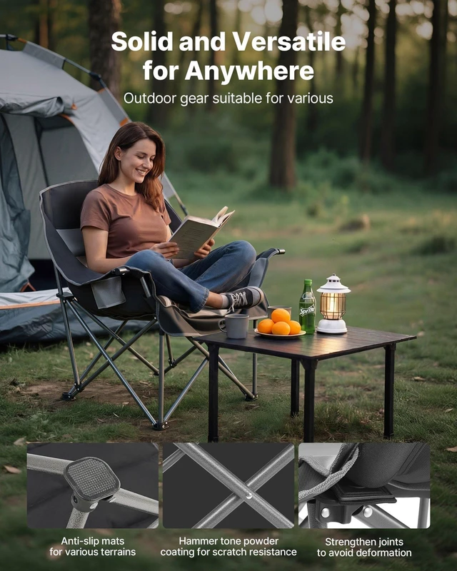 Alt view image 4 of 8 - VEVOR Oversized Camping Chairs, 450 lbs Heavy Duty Support, Portable Padded Folding Camp Chairs with Dual Cup Holders & Wine Glass Holders, Carry Bag for Outdoor, Fishing, Black & Gray, 1 Pack