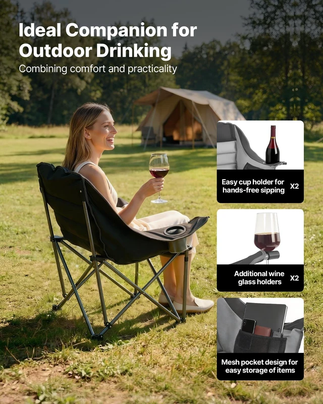 Alt view image 5 of 8 - VEVOR Oversized Camping Chairs, 450 lbs Heavy Duty Support, Portable Padded Folding Camp Chairs with Dual Cup Holders & Wine Glass Holders, Carry Bag for Outdoor, Fishing, Black & Gray, 1 Pack