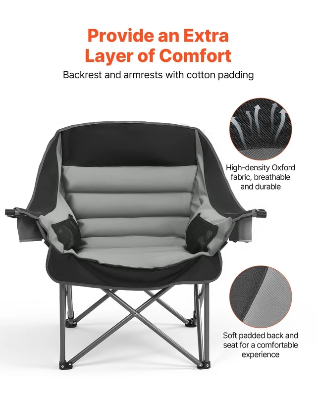 Alt view image 6 of 8 - VEVOR Oversized Camping Chairs, 450 lbs Heavy Duty Support, Portable Padded Folding Camp Chairs with Dual Cup Holders & Wine Glass Holders, Carry Bag for Outdoor, Fishing, Black & Gray, 1 Pack