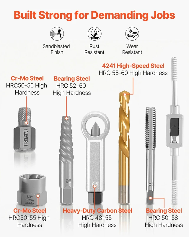 Alt view image 3 of 8 - VEVOR Screw Extractor Set, 63 Pieces, with Nut and Bolt Extractors, Nut Splitters, Taps, Drill Bits, Wrenches, Adapters, and Solid Storage Case, for Removing Rounded, Broken, or Stripped Fasteners