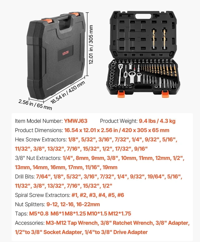Alt view image 7 of 8 - VEVOR Screw Extractor Set, 63 Pieces, with Nut and Bolt Extractors, Nut Splitters, Taps, Drill Bits, Wrenches, Adapters, and Solid Storage Case, for Removing Rounded, Broken, or Stripped Fasteners