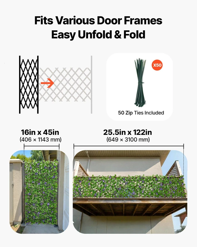 Alt view image 3 of 7 - VEVOR Expandable Fence Privacy Screen, 25.5 x 122 in Expand Artificial Plant Wall, Realistic Artificial Ivy Panel with 50 Zip Ties, Decorative Faux Greenery Backdrop Hedges for Balcony Patio Outdoor