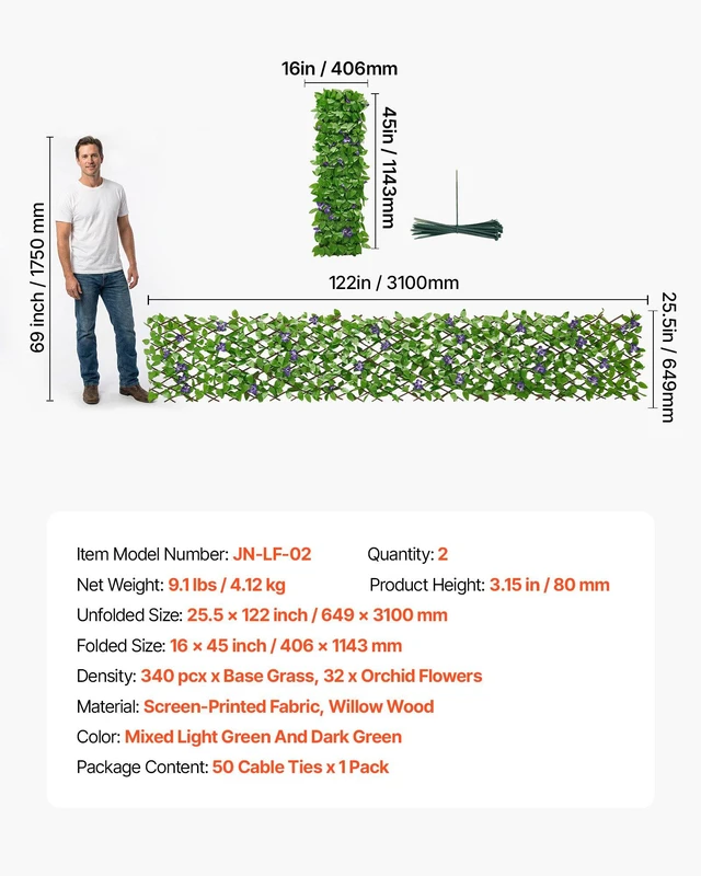 Alt view image 6 of 7 - VEVOR Expandable Fence Privacy Screen, 25.5 x 122 in Expand Artificial Plant Wall, Realistic Artificial Ivy Panel with 50 Zip Ties, Decorative Faux Greenery Backdrop Hedges for Balcony Patio Outdoor
