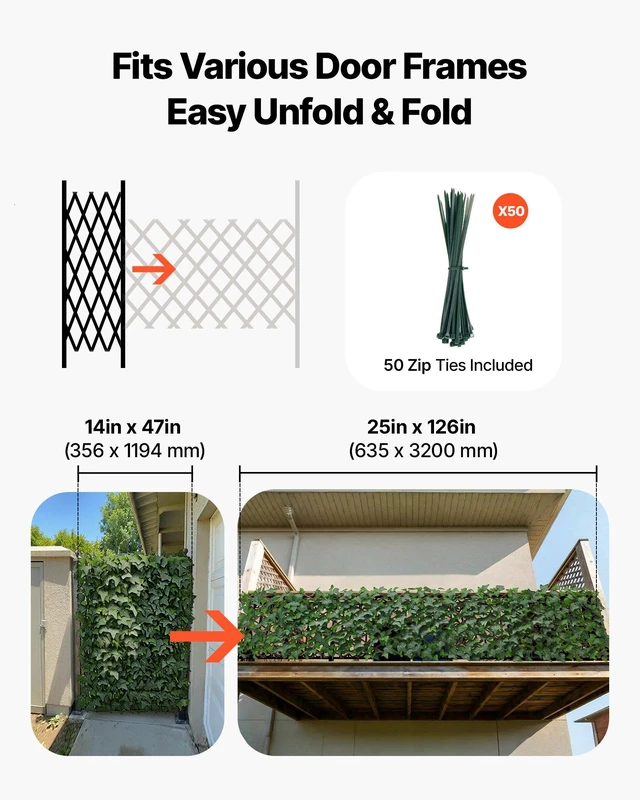 Alt view image 4 of 8 - VEVOR Expandable Fence Privacy Screen, 25 x 126 in Expand Artificial Plant Wall, Realistic Artificial Ivy Panel with 50 Zip Ties, Decorative Faux Greenery Backdrop Hedges for Balcony Patio Outdoor
