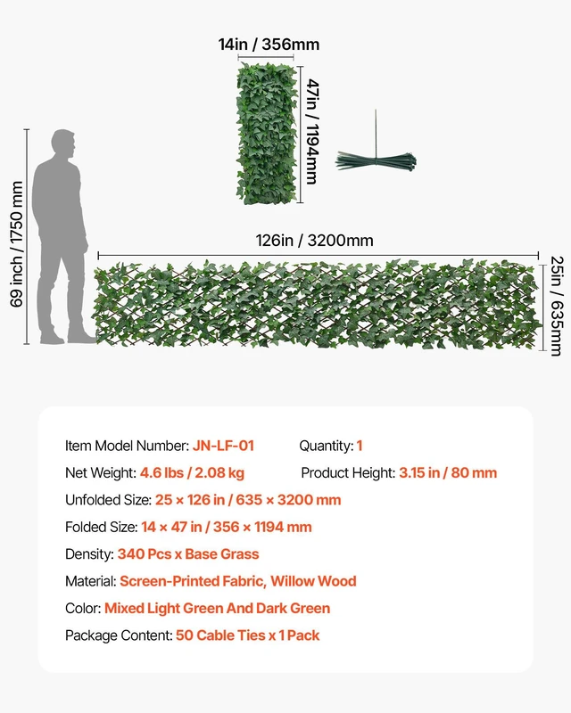 Alt view image 7 of 8 - VEVOR Expandable Fence Privacy Screen, 25 x 126 in Expand Artificial Plant Wall, Realistic Artificial Ivy Panel with 50 Zip Ties, Decorative Faux Greenery Backdrop Hedges for Balcony Patio Outdoor