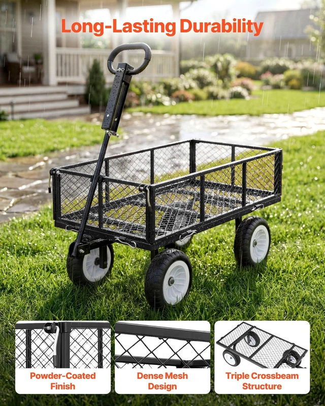 Alt view image 3 of 8 - VEVOR Garden Cart, 900 LBS, Heavy Duty Steel Yard and Garden Utility Wagon with 10-Inch Tires, Outdoor Gardening Stool with Adjustable Handle, Detachable Side Panels, Attach to ATV or Tractor, Black