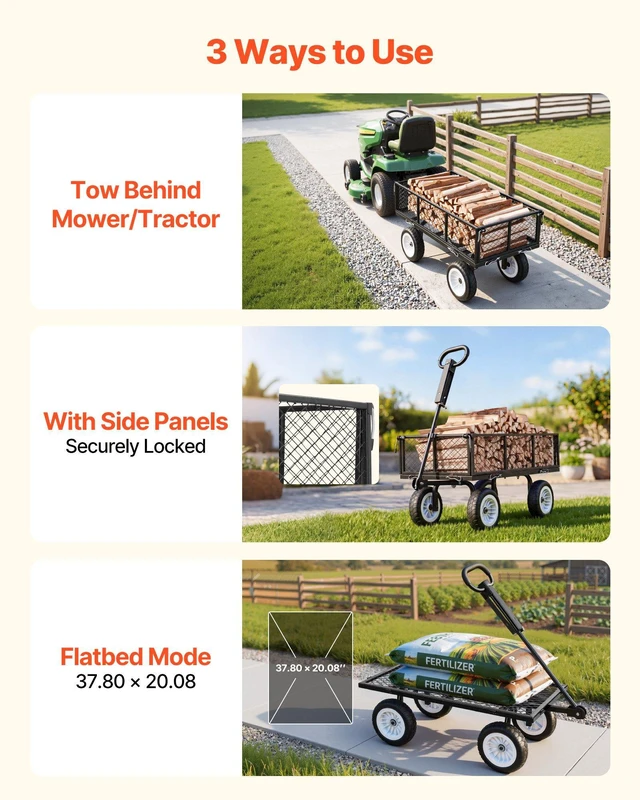 Alt view image 5 of 8 - VEVOR Garden Cart, 900 LBS, Heavy Duty Steel Yard and Garden Utility Wagon with 10-Inch Tires, Outdoor Gardening Stool with Adjustable Handle, Detachable Side Panels, Attach to ATV or Tractor, Black