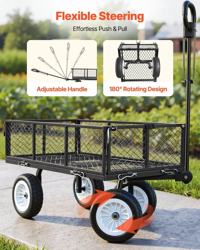 Alt view image 6 of 8 - VEVOR Garden Cart, 900 LBS, Heavy Duty Steel Yard and Garden Utility Wagon with 10-Inch Tires, Outdoor Gardening Stool with Adjustable Handle, Detachable Side Panels, Attach to ATV or Tractor, Black