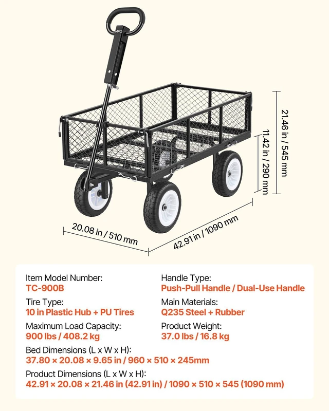 Alt view image 7 of 8 - VEVOR Garden Cart, 900 LBS, Heavy Duty Steel Yard and Garden Utility Wagon with 10-Inch Tires, Outdoor Gardening Stool with Adjustable Handle, Detachable Side Panels, Attach to ATV or Tractor, Black