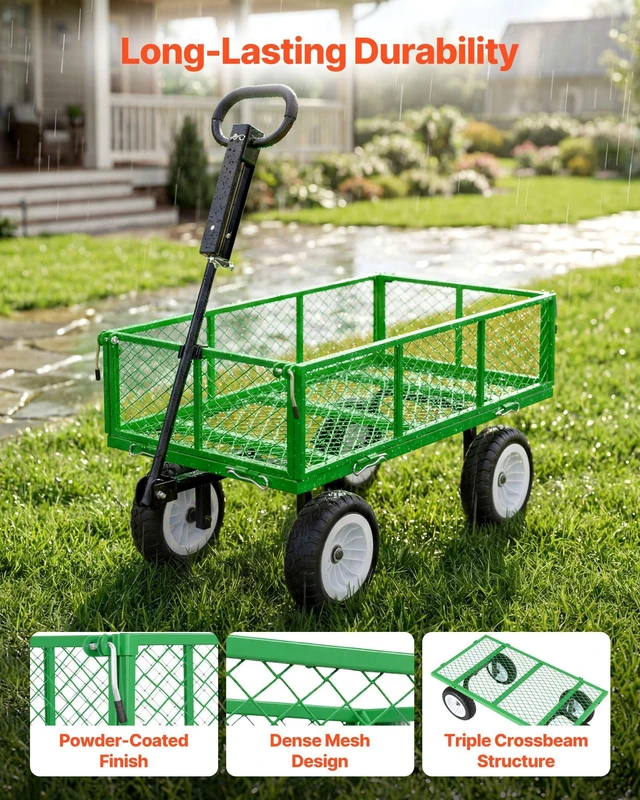 Alt view image 3 of 8 - VEVOR Garden Cart, 900 LBS, Heavy Duty Steel Yard and Garden Utility Wagon with 10-Inch Tires, Outdoor Gardening Stool with Adjustable Handle, Detachable Side Panels, Attach to ATV or Tractor, Green