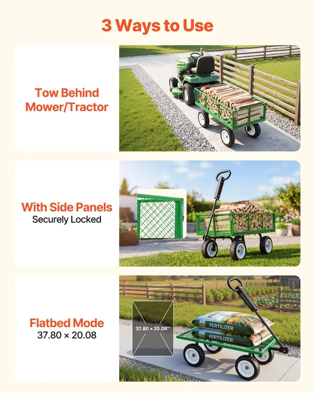 Alt view image 5 of 8 - VEVOR Garden Cart, 900 LBS, Heavy Duty Steel Yard and Garden Utility Wagon with 10-Inch Tires, Outdoor Gardening Stool with Adjustable Handle, Detachable Side Panels, Attach to ATV or Tractor, Green