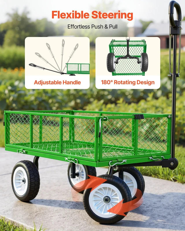 Alt view image 6 of 8 - VEVOR Garden Cart, 900 LBS, Heavy Duty Steel Yard and Garden Utility Wagon with 10-Inch Tires, Outdoor Gardening Stool with Adjustable Handle, Detachable Side Panels, Attach to ATV or Tractor, Green