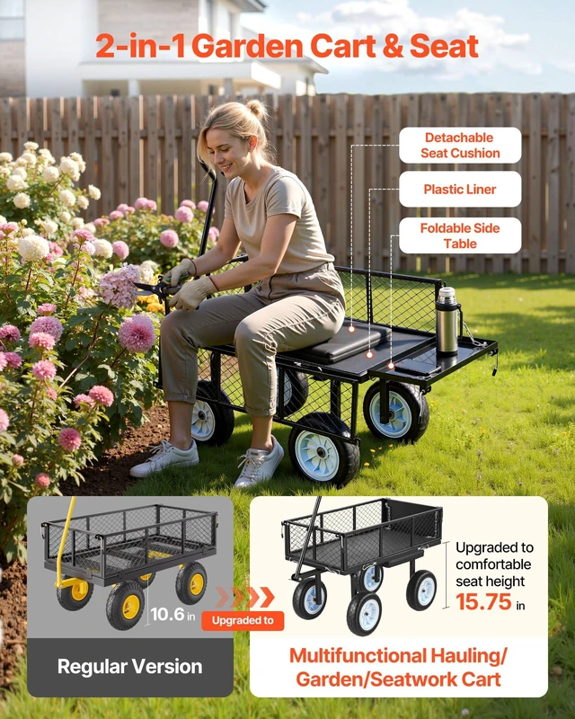 Alt view image 3 of 8 - VEVOR Garden Cart with Seat, 500 LBS, Rolling Steel Garden Work Seat with Wheels, Heavy Duty Gardening Stool, with Tool Tray & Adjustable Handle, Outdoor Yard Wagon, for Lawn, Patio, Backyard, Black